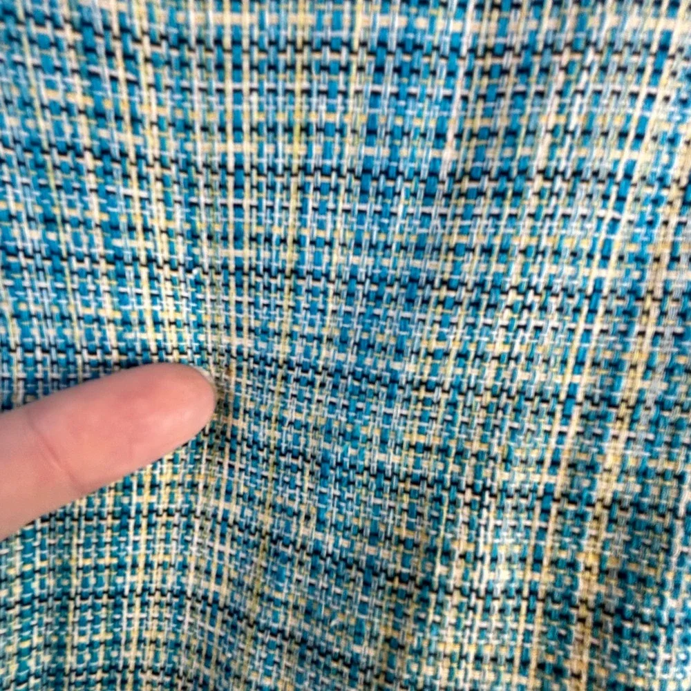 Vintage‎ Mod Coastal Grandmacore Tweed Jacket L Boxy Teal Blue Yellow Woven Poly